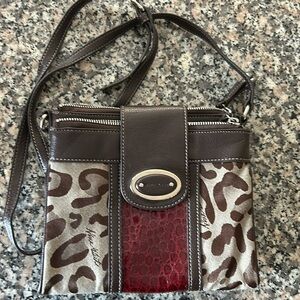 Nine West Crossbody Bag, fun leopard print with red contrast.